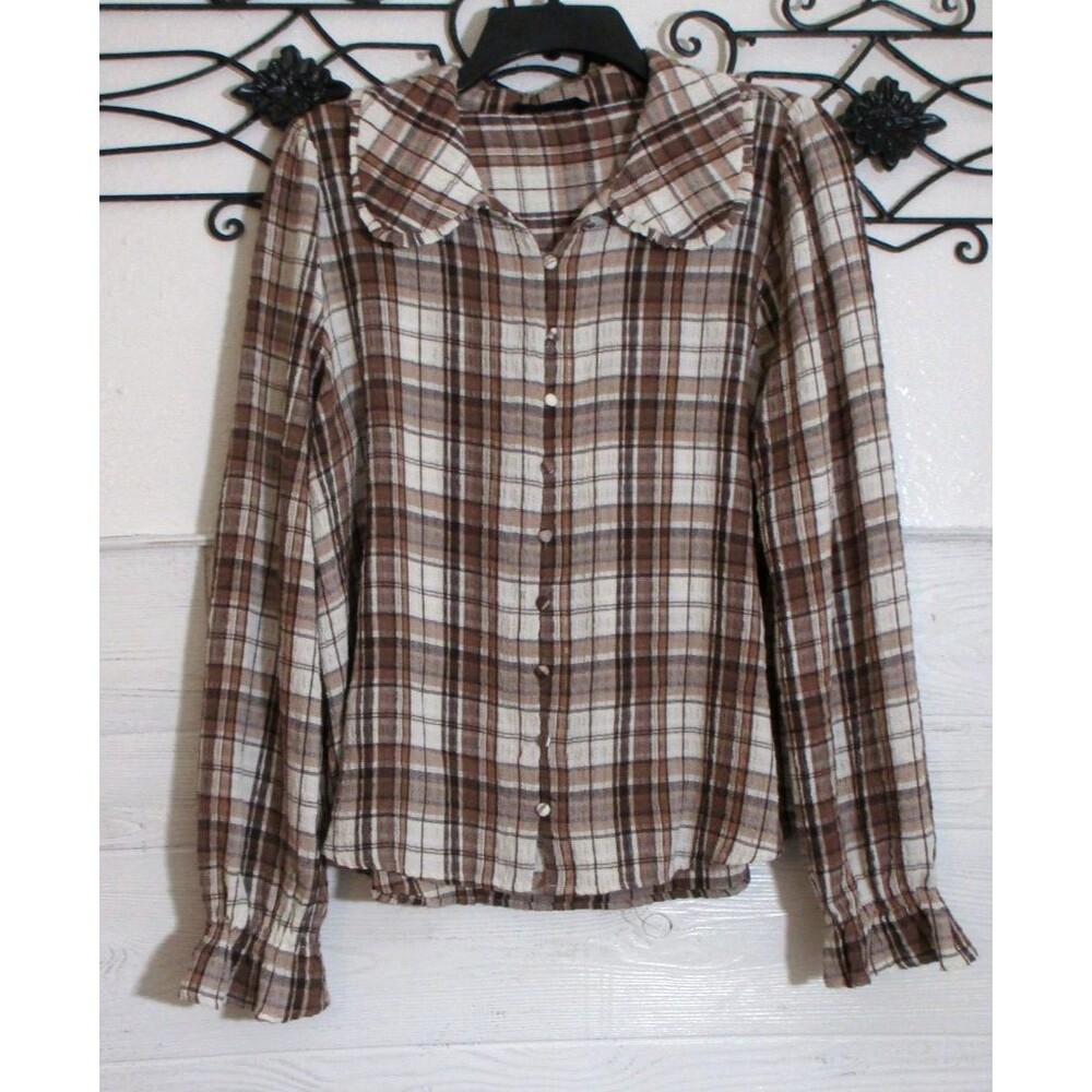 Jane & Delancey Button Up Women's Top Size L Brown Plaid Long Sleeve